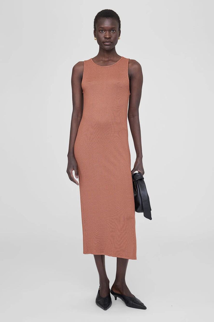 ANINE BING Savannah Dress Terracotta Waffle Midi Sleeveless Women's S